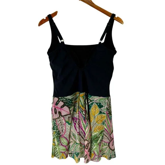 Gottex Tropical Tankini Swim Dress Black Floral Size 12